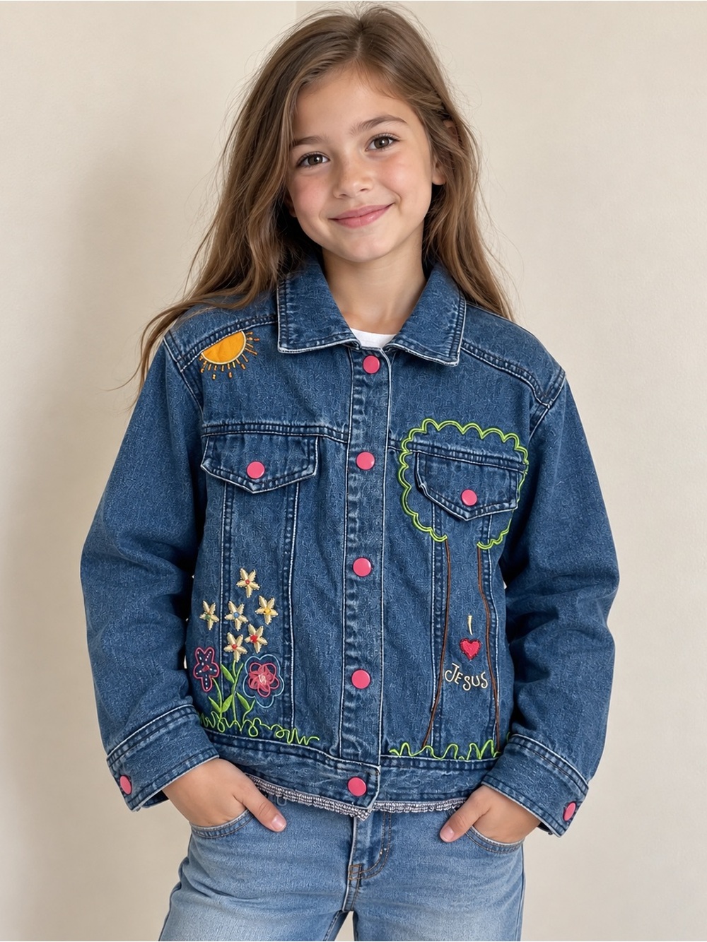Girls Denim Jacket I Love Jesus Embroidered Rainbow Flowers Size 10/12 Medium